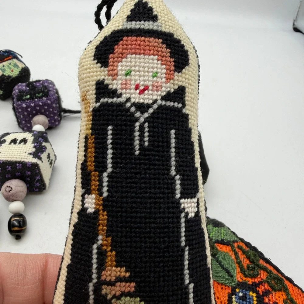 Halloween Needlepoint Ornament Set Witch Pumpkin Bat Ghost 6pc Decor